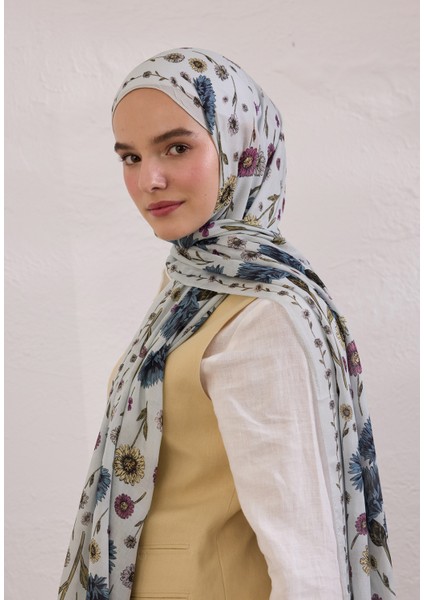 Bloomıng Dahlıa Desen Rami Şal Soft Mavi modelleri