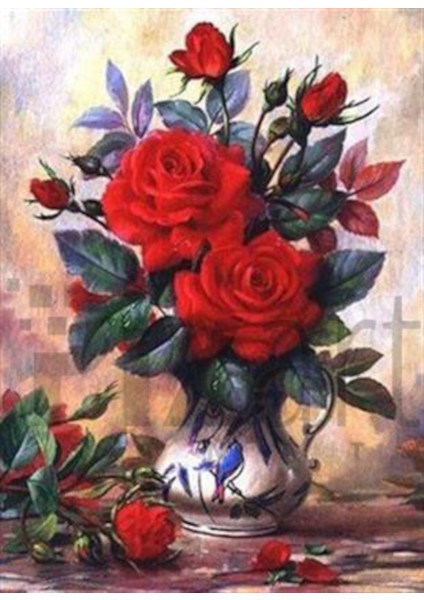 Vazodaki Kırmızı Güller Pixart Sanat Elmas Mozaik Tablo Diamond Türkiye 38*53
