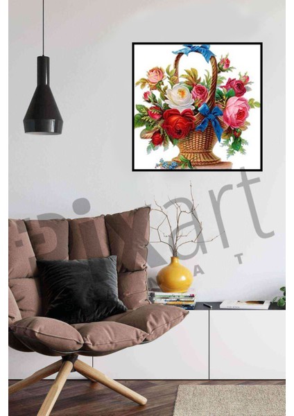 Hasır Sepetteki Güller Pixart Sanat Elmas Mozaik Tablo Diamond Türkiye 53*53 modelleri
