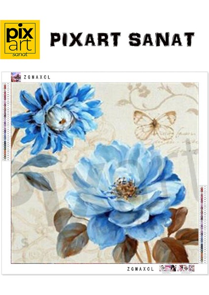 Mavi Çiçekli Duvar Kağıdı Pixart Sanat Elmas Mozaik Tablo Diamond Türkiye 53*53