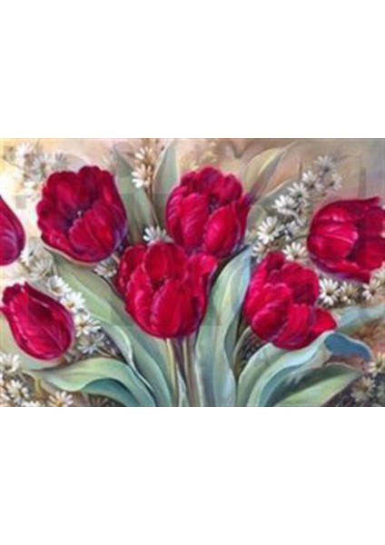 Yabini Kırmızı Çiçekler Pixart Sanat Elmas Mozaik Tablo Diamond Türkiye 73*53
