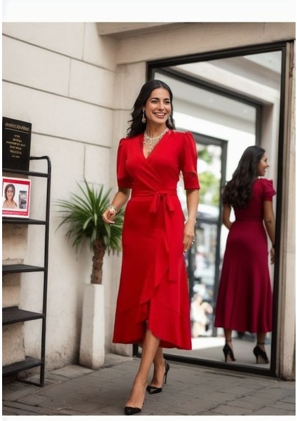 Kadın Kruvaze Yaka Midi Boy Kuşaklı Krep Elbise 120 Cm fiyatları