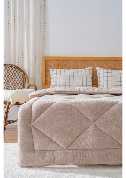 Bej Kareli Çift Kişilik Çift Taraflı Lüx Wellsoft Yorgan Seti 195x215 cm
