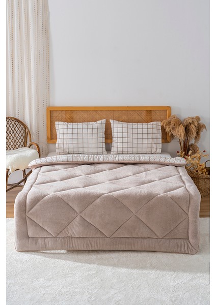 Bej Kareli Çift Kişilik Çift Taraflı Lüx Wellsoft Yorgan Seti 195x215 cm fiyatları