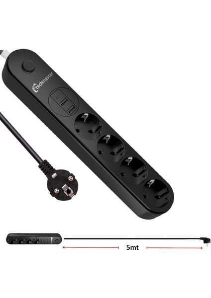 2 Usb+Type-C Akım Çocuk Korumalı 4'lü Priz 5mt