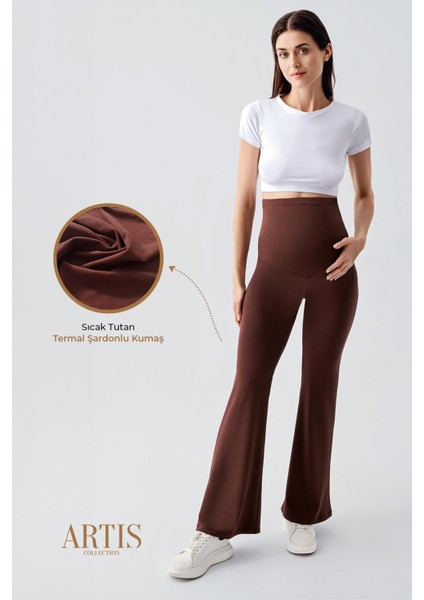 Termal Şardonlu Sıcak Tutan Esnek Beli Ayarlanabilir Kışlık Ispanyol Paça Hamile Tayt T18