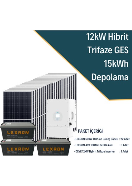Güneş Enerjisi Hibrit Solar Paket 12KW Trifaze Inverter + 22X 600W Güneş Paneli + 3x 48V 100AH Lityum Akü