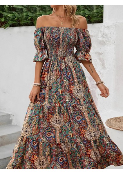 Kadın Kısa Kollu Düşük Omuzlu Beli Büzgülü Dijital Desenli Kesik Elyaf Süprem Uzun Elbise fiyatları