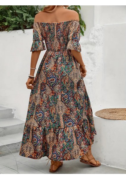 Kadın Kısa Kollu Düşük Omuzlu Beli Büzgülü Dijital Desenli Kesik Elyaf Süprem Uzun Elbise fırsatları