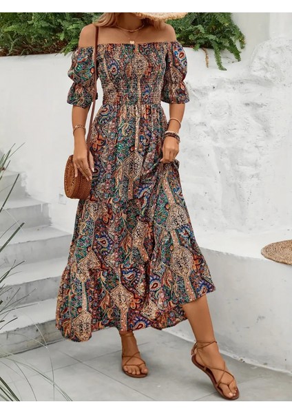 Kadın Kısa Kollu Düşük Omuzlu Beli Büzgülü Dijital Desenli Kesik Elyaf Süprem Uzun Elbise indirimleri