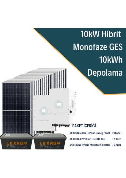 Güneş Enerjisi Hibrit Solar Paket 2x 5kw Monofaze Inverter + 18X 600W Güneş Paneli + 2x 48V 100AH Lityum Akü