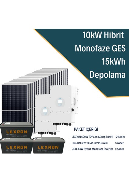 Güneş Enerjisi Hibrit Solar Paket 2x 5kw Monofaze Inverter + 24X 600W Güneş Paneli + 3x 48V 100AH Lityum Akü