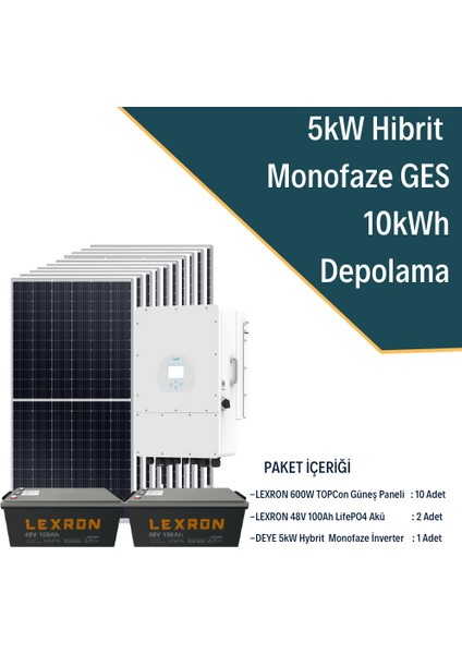 Güneş Enerjisi Hibrit Solar Paket 5kw Monofaze Inverter + 10X 600W Güneş Paneli + 2x 48V 100AH Lityum Akü