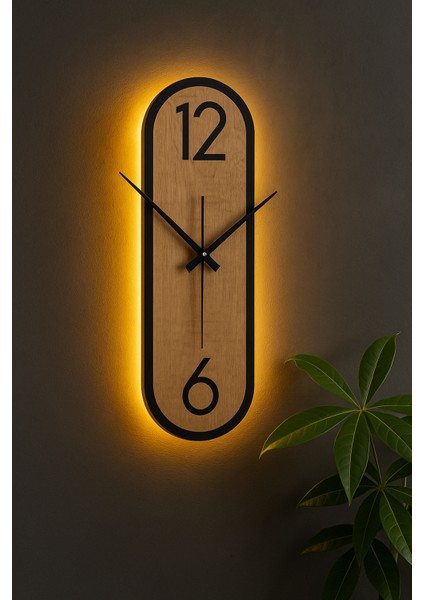 AURA12/6 Simetrik LED Işıklı Modern Ahşap Dekoratif Duvar Saati Gece Lambası Pilli