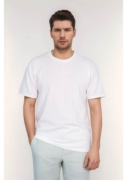 Bisiklet Yaka Çizgili Tshirt BEYAZ(1818)