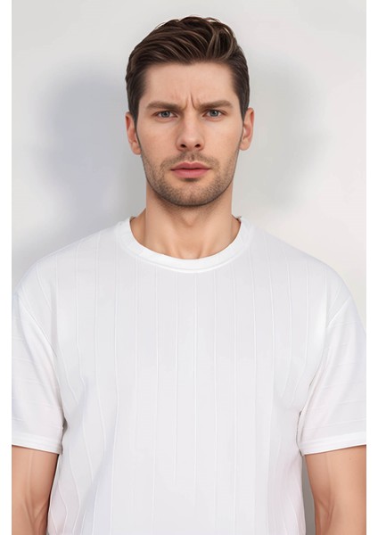 Bisiklet Yaka Çizgili Tshirt BEYAZ(1818)