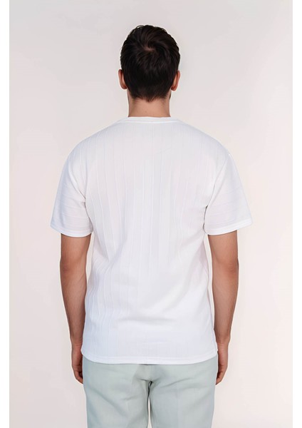 Bisiklet Yaka Çizgili Tshirt BEYAZ(1818)
