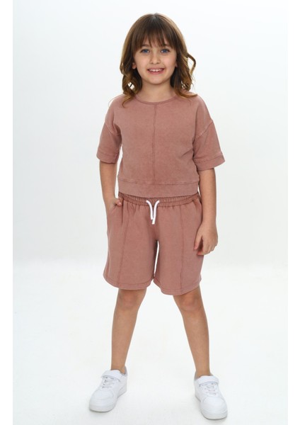 Kız Çocuk Yıkamalı Crop Şortlu Takım