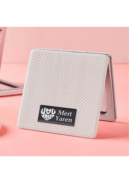 Kişiye Özel İsimli You&me Baskılı Kare Deri Ayna Çanta, Cep ve Makyaj Aynası