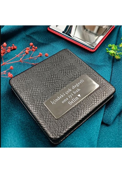 Kişiye Özel İsimli Söz Baskılı Kare Deri Ayna Çanta, Cep ve Makyaj Aynası