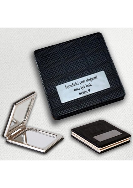 Kişiye Özel İsimli Söz Baskılı Kare Deri Ayna Çanta, Cep ve Makyaj Aynası modelleri