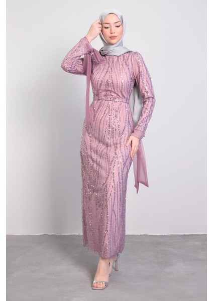 Çizgisel Dalgalı Payetli Tesettür Abiye Pembe