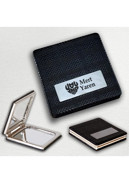 Kişiye Özel İsimli You&me Baskılı Kare Deri Ayna Çanta, Cep ve Makyaj Aynası modelleri