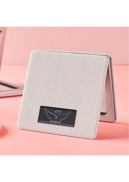 Kişiye Özel İsimli Harfli Melek Kanadı Baskılı Kare Deri Ayna Çanta, Cep ve Makyaj Aynası