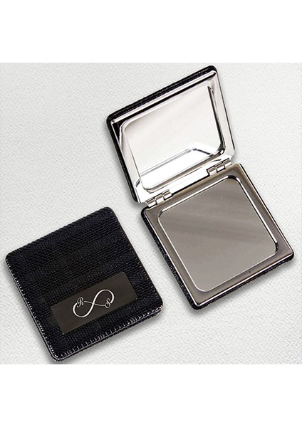 Kişiye Özel İsimli Harfli Sonsuzluk Işareti Baskılı Kare Deri Ayna Çanta, Cep ve Makyaj Aynası