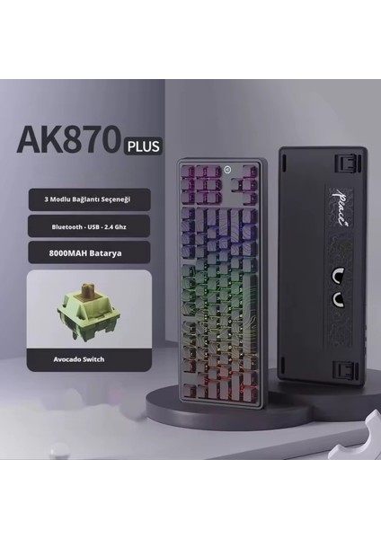 AK870 Plus 3 Modlu Kontur Tasarım Mekanik Oyun Klavyesi Avokado Switch - Siyah Desenli indirimleri
