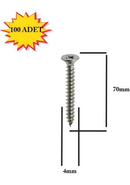 sunta Vidası 4X70MM Ahşap Vida Raf Vidası Ahşap Tahta Mobilya Vidası Kısa Vida 100 Adet