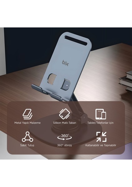 TS01 Katlanabilir 360° Çok Açılı Yükseklik Ayarlı Metal Masaüstü Tablet iPad Tutucu Telefon Standı