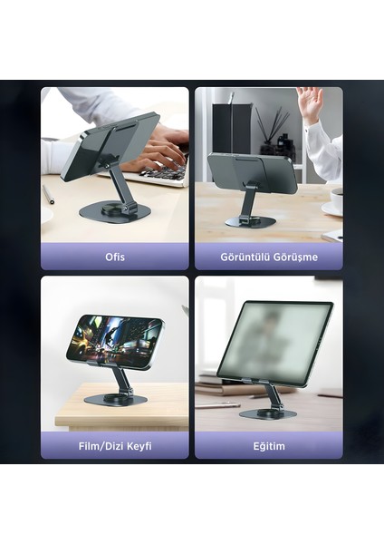 TS01 Katlanabilir 360° Çok Açılı Yükseklik Ayarlı Metal Masaüstü Tablet iPad Tutucu Telefon Standı