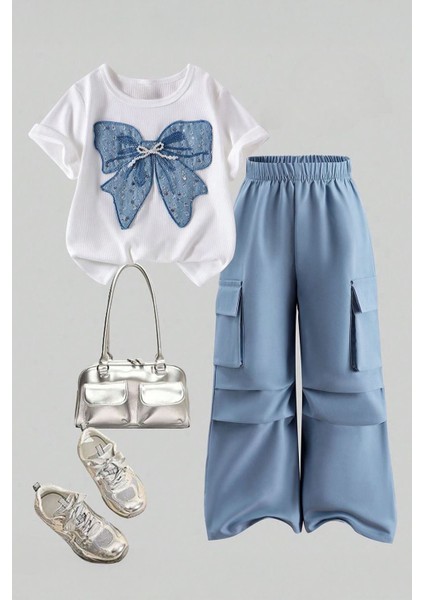 Fiyonk Payet Detaylı Kız Çocuk Paraşüt Eşofmanlı 2 li takım - Açık Mavi