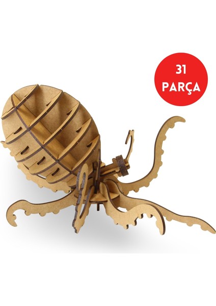 31 Parça Ahşap Ahtapot Maketi - Eğitici Maket Seti - 3D Ahşap Octopus Modeli