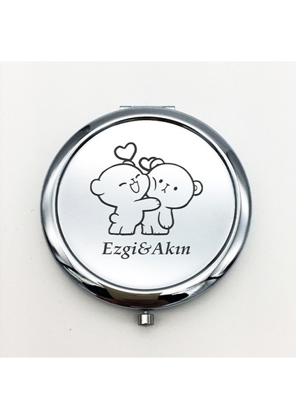 Kişiye Özel İsimli Ayıcık Baskılı Daire Metal Ayna Çanta, Cep ve Makyaj Aynası