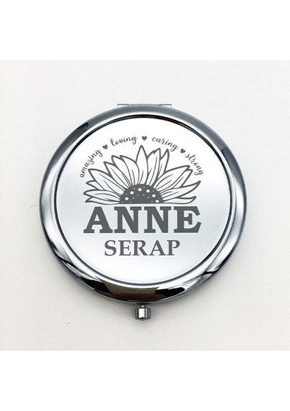 Kişiye Özel İsimli Anne ve Çiçek Baskılı Daire Metal Ayna Çanta, Cep ve Makyaj Aynası fiyatları