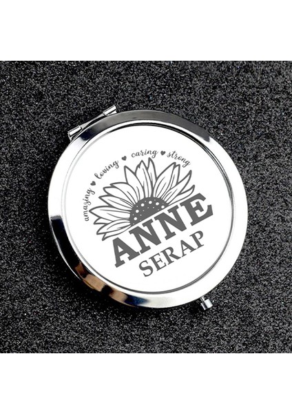 Kişiye Özel İsimli Anne ve Çiçek Baskılı Daire Metal Ayna Çanta, Cep ve Makyaj Aynası modelleri