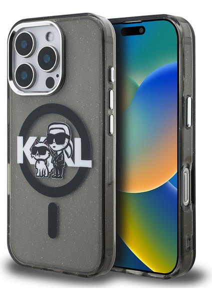 iPhone 16 Pro Max Kılıf Karl Lagerfeld Lisanslı Parlayan Simli Karl & Choupette Sketch Logolu Siyah