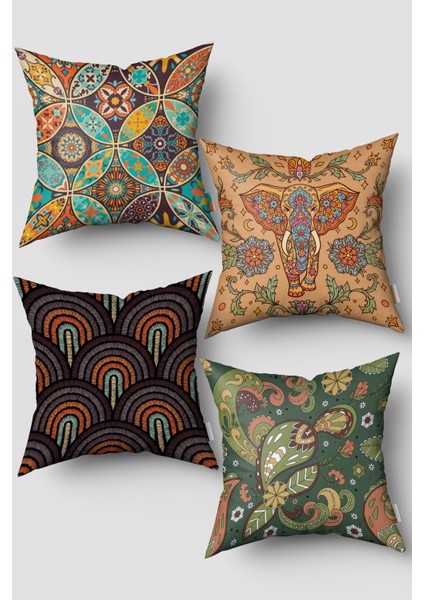 Turuncu Çok Renkli Etnik Vintage Desenli 4'lü Kırlent Kılıfı Seti