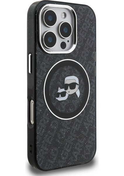 iPhone 16 Pro Kılıf Karl Lagerfeld Lisanslı Parlayan Simli Karl & Choupette Heads Kapak Siyah modelleri