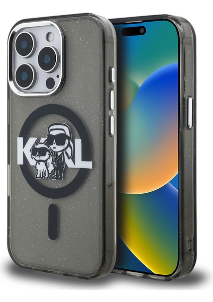 iPhone 15 Pro Max Kılıf Karl Lagerfeld Lisanslı Parlayan Simli Karl & Choupette Sketch Logolu Siyah
