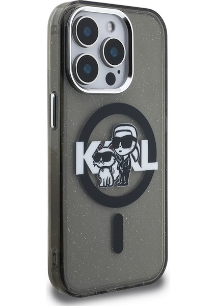 iPhone 15 Pro Max Kılıf Karl Lagerfeld Lisanslı Parlayan Simli Karl & Choupette Sketch Logolu Siyah modelleri