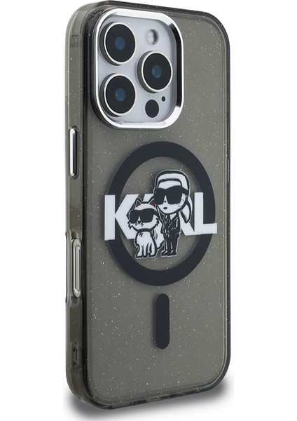 iPhone 16 Pro Kılıf Karl Lagerfeld Lisanslı Parlayan Simli Karl & Choupette Sketch Logo Kapak Siyah modelleri