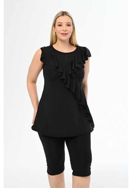 Aquaviva Kadın Siyah Büyük Beden Önü Volanlı Taytlı Tankinii