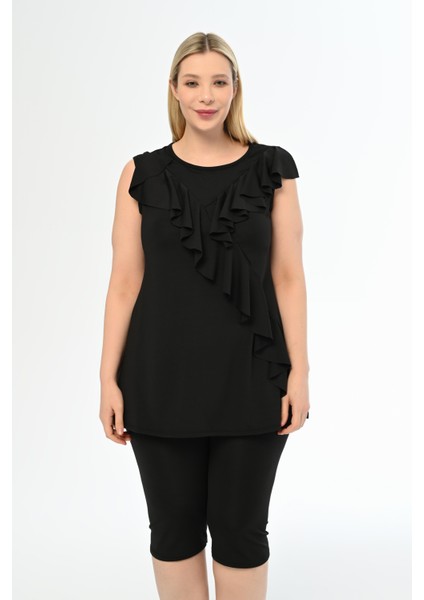 Aquaviva Kadın Siyah Büyük Beden Önü Volanlı Taytlı Tankinii fiyatları