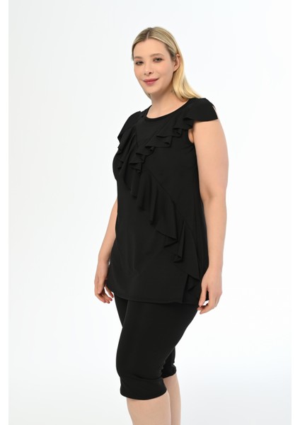 Aquaviva Kadın Siyah Büyük Beden Önü Volanlı Taytlı Tankinii modelleri