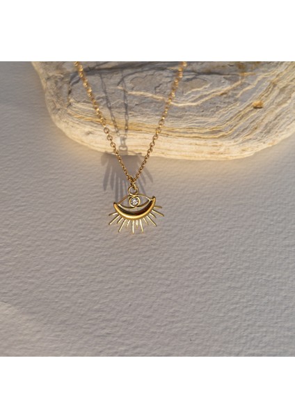 Ortası Taşlı Göz Paslanmaz Çelik Kolye