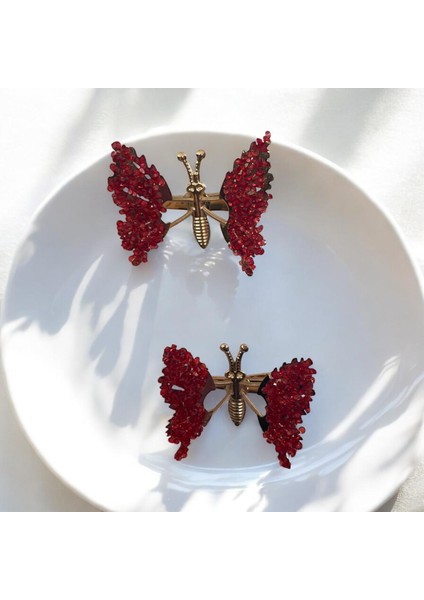 Kanatları Hareketli Şeffaf Boncuk Detaylı Kelebek Pens Toka