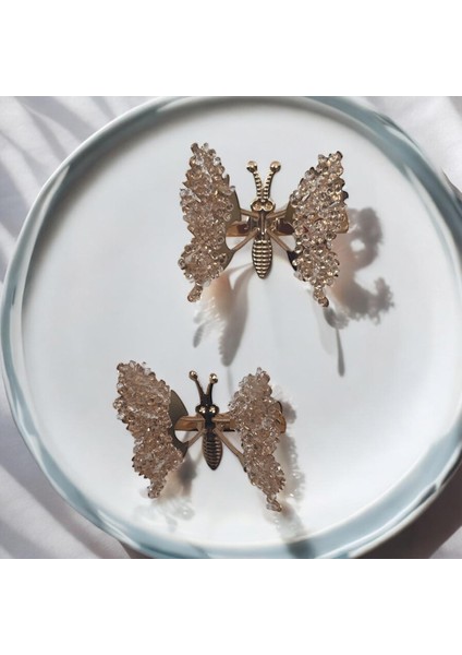 Kanatları Hareketli Şeffaf Boncuk Detaylı Kelebek Pens Toka